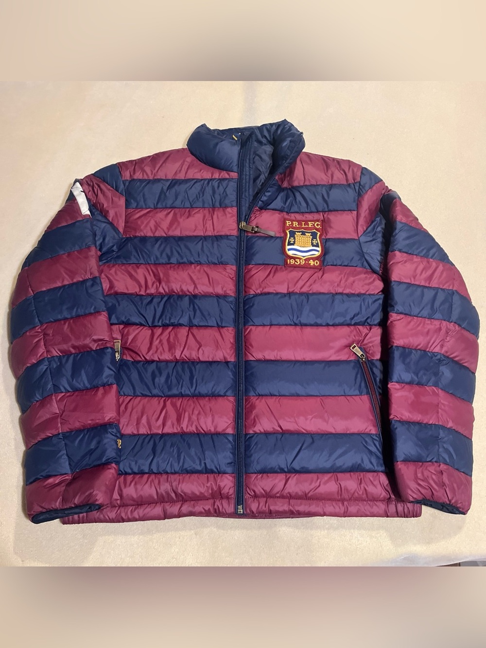 Ralph Lauren Rugby PRLFC Crest #12 Burgundy Navy Stripe Puffer Jacket Men M RARE